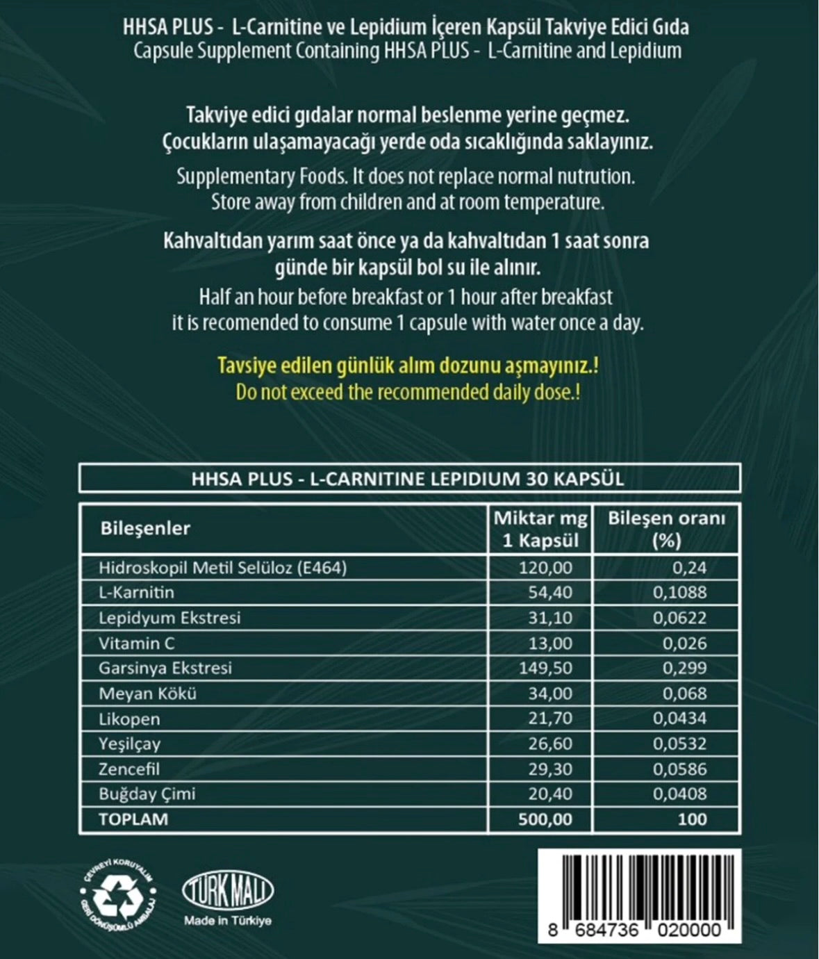 HHS A1  Plus L-Carnitine Lepidium Herbal Capsules